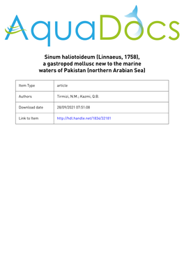 Sinum Haliotoideum (Linnaeus, 1758), a Gastropod Mollusc New to the Marine Waters of Pakistan (Northern Arabian Sea)