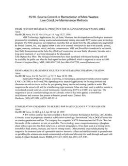 15/16. Source Control Or Remediation of Mine Wastes: Low Cost/Low Maintenance Methods