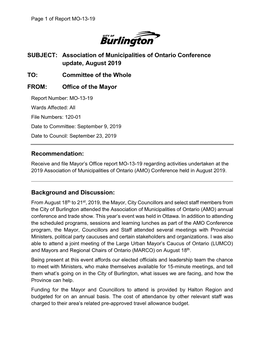 Association of Municipalities of Ontario Conference Update, August 2019 TO: Committee of the Whole FROM: Office of the Mayor