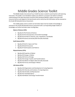 Middle Grades Science Toolkit the Middle Grades Instructional Focus Toolkit Has Been Created to Assist Teachers with Planning Instruction