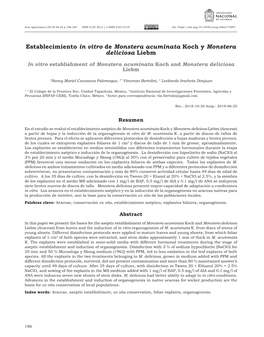 Establecimiento in Vitro De Monstera Acuminata Koch Y Monstera Deliciosa Liebm