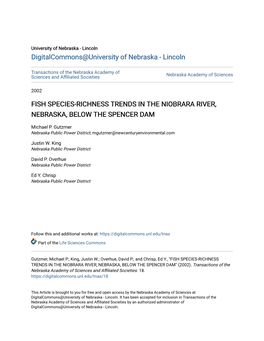 Fish Species-Richness Trends in the Niobrara River, Nebraska, Below the Spencer Dam