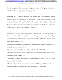 Protein Phosphatase 2A, Complement Component 4, and APOE Genotype Linked To