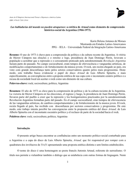 A Estética De Artaud Como Elemento De Compreensão Histórico-Social Da Argentina (1966-1973)