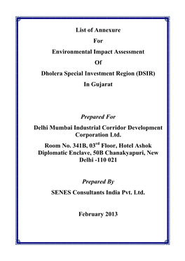 List of Annexure for Environmental Impact Assessment of Dholera Special Investment Region (DSIR) in Gujarat