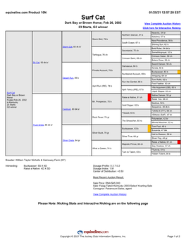 Surf Cat Dark Bay Or Brown Horse; Feb 26, 2002 View Complete Auction History 23 Starts, G2 Winner Click Here for Interactive Nicking