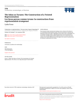 The Inkas As Tyrants: the Construction of a Twisted Representation Les Incas Perçus Comme Tyrans: La Construction D’Une Représentation Trompeuse Lydia Fossa