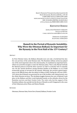 Rumeli in the Period of Dynastic Instability. Why Were the Ottoman Balkans So Important for the Dynasty in the First Half of the 15Th Century?