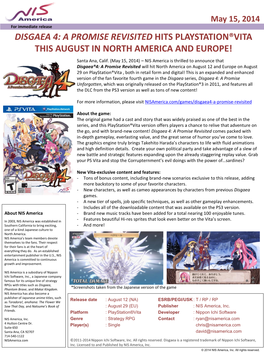 DISGAEA 4: a PROMISE REVISITED HITS PLAYSTATION®VITA THIS AUGUST in NORTH AMERICA and EUROPE! Santa Ana, Calif
