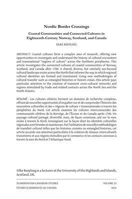 Nordic Border Crossings Coastal Communities and Connected Cultures in Eighteenth-Century Norway, Scotland, and Canada SILKE REEPLOEG