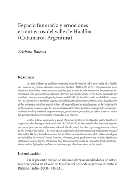 Espacio Funerario Y Emociones En Entierros Del Valle De Hualfin (Catamarca, Argentina)