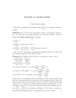 LECTURE 10: JACOBI SYMBOL 1. the Jacobi Symbol We Wish To