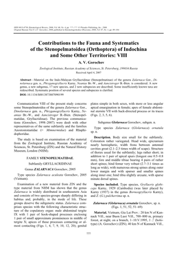 Contributions to the Fauna and Systematics of the Stenopelmatoidea (Orthoptera) of Indochina and Some Other Territories: VIII A