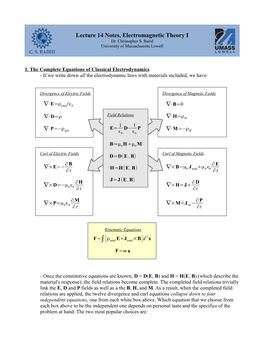 Lecture 14 Notes, Electromagnetic Theory I Dr