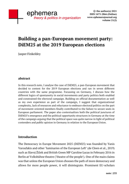 Building a Pan-European Movement Party: Diem25 at the 2019 European Elections