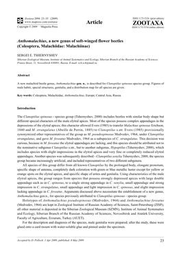Zootaxa, Anthomalachius, a New Genus of Soft-Winged Flower Beetles