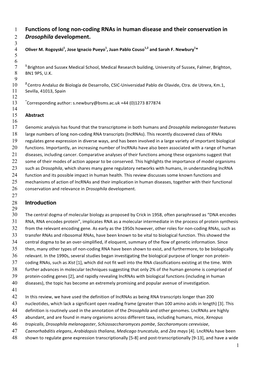 Functions of Long Non-Coding Rnas in Human Disease and Their Conservation in 2 Drosophila Development