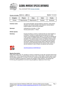 (GISD) 2021. Species Profile Kunzea Ericoides. Available