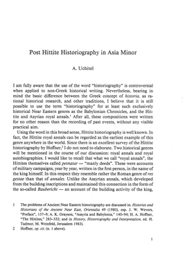 Post Hittite Historiography in Asia Minor