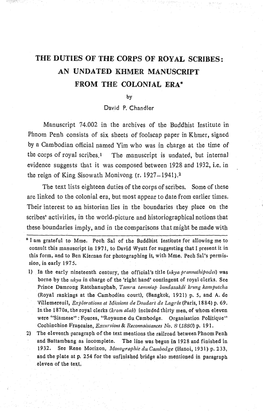 THE DUTIES of the CORPS of ROYAL SCRIBES: an UNDATED KHMER MANUSCRIPT from the COLONIAL ERA* by David P