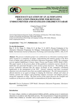 Process Evaluation of an Alternative Education Programme for Refugee, Undocumented and Stateless Children in Sabah