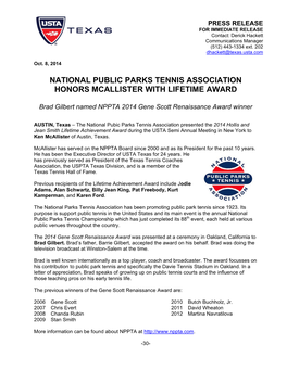 National Public Parks Tennis Association Honors Mcallister with Lifetime Award