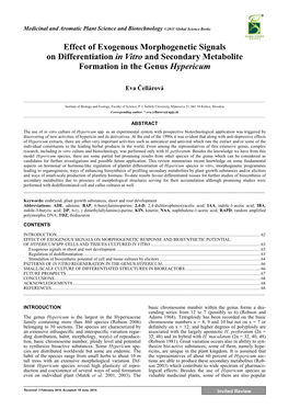 Effect of Exogenous Morphogenetic Signals on Differentiation in Vitro and Secondary Metabolite Formation in the Genus Hypericum