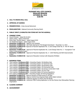 Pleasant Hill City Council Regular Session October 08, 2019 6:00 Pm