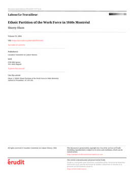 Ethnic Partition of the Work Force in 1840S Montréal Sherry Olson