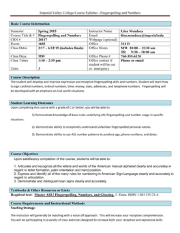 Imperial Valley College Course Syllabus –Fingerspelling and Numbers