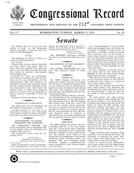 Congressional Record United States Th of America PROCEEDINGS and DEBATES of the 112 CONGRESS, FIRST SESSION