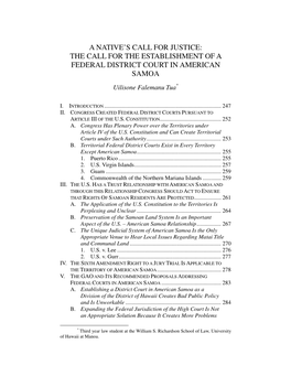 THE CALL for the ESTABLISHMENT of a FEDERAL DISTRICT COURT in AMERICAN SAMOA Uilisone Falemanu Tua *