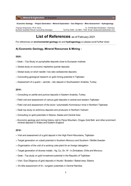 List of Current References, As of February 2021