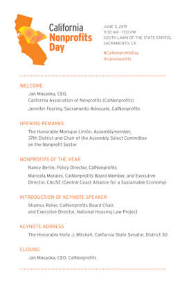 WELCOME Jan Masaoka, CEO, California Association of Nonprofits C( Alnonprofits) Jennifer Fearing, Sacramento Advocate, Calnonprofits