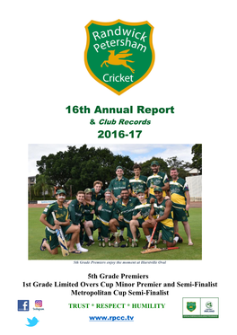 16Th Annual Report 2016-17 16Th Annual Report & Club Records 2016-17