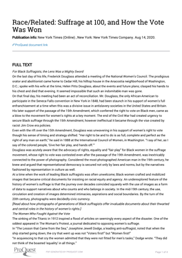 Race/Related: Suffrage at 100, and How the Vote Was Won Publication Info: New York Times (Online) , New York: New York Times Company