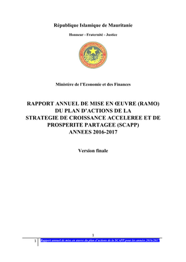 Rapport Annuel De Mise En Œuvre (Ramo) Du Plan D’Actions De La Strategie De Croissance Acceleree Et De Prosperite Partagee (Scapp) Annees 2016-2017