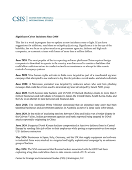 Significant Cyber Incidents Since 2006 This List Is a Work in Progress