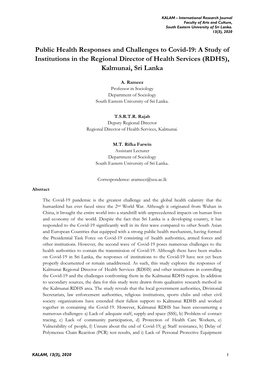 Public Health Responses and Challenges to Covid-19: a Study of Institutions in the Regional Director of Health Services (RDHS), Kalmunai, Sri Lanka