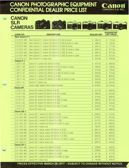 CANON PHOTOGRAPHIC EQUIPMENT Canolf CONFIDENTIAL DEALER PRICE LIST CANON U.S.A