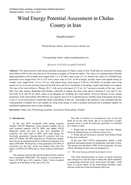 Wind Energy Potential Assessment in Chalus County in Iran