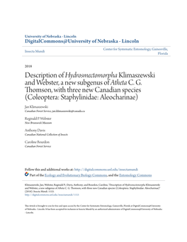 Description of Hydrosmectomorpha Klimaszewski and Webster, a New Subgenus of Atheta C