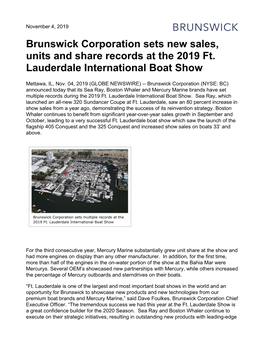 Brunswick Corporation Sets New Sales, Units and Share Records at the 2019 Ft