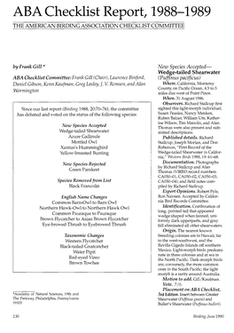 ABA Checklist Report, 1988-1 989 the AMERICAN BIRDING ASSOCIATION CHECKLIST COMMITTEE