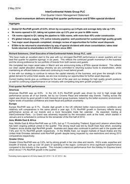 First Quarter Interim Management Statement Good Momentum Delivers Strong First Quarter Performance and $750M Special Dividend