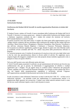 Conferenza Dei Sindaci Asl Di Vercelli: Le Novità Organizzative Illustrate Ai Sindaci Del Territorio