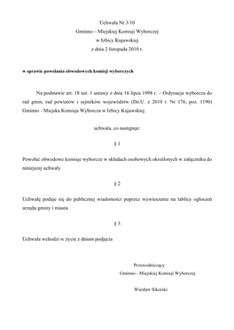 Uchwała Nr 3/10 Gminno – Miejskiej Komisji Wyborczej W Izbicy Kujawskiej Z Dnia 2 Listopada 2010 R