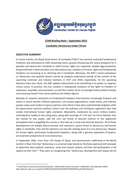 CCHR Briefing Note – September 2015 Cambodia: Democracy Under Threat