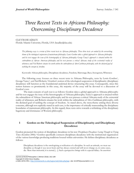 Three Recent Texts in Africana Philosophy: Overcoming Disciplinary Decadence