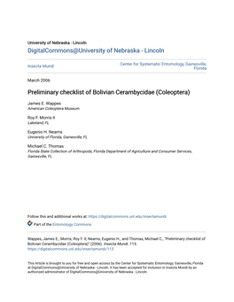 Preliminary Checklist of Bolivian Cerambycidae (Coleoptera)